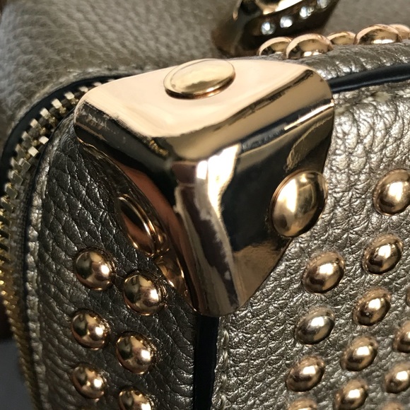 New Gold Studded Pewter Handbag With Gold Zipper. - Picture 6 of 6